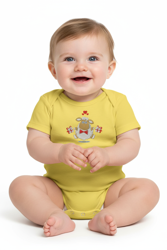 Front view of baby in yellow onesie