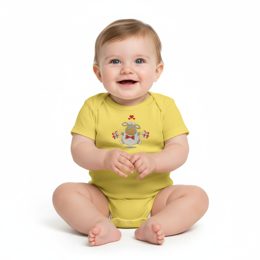 Front view of baby in yellow onesie
