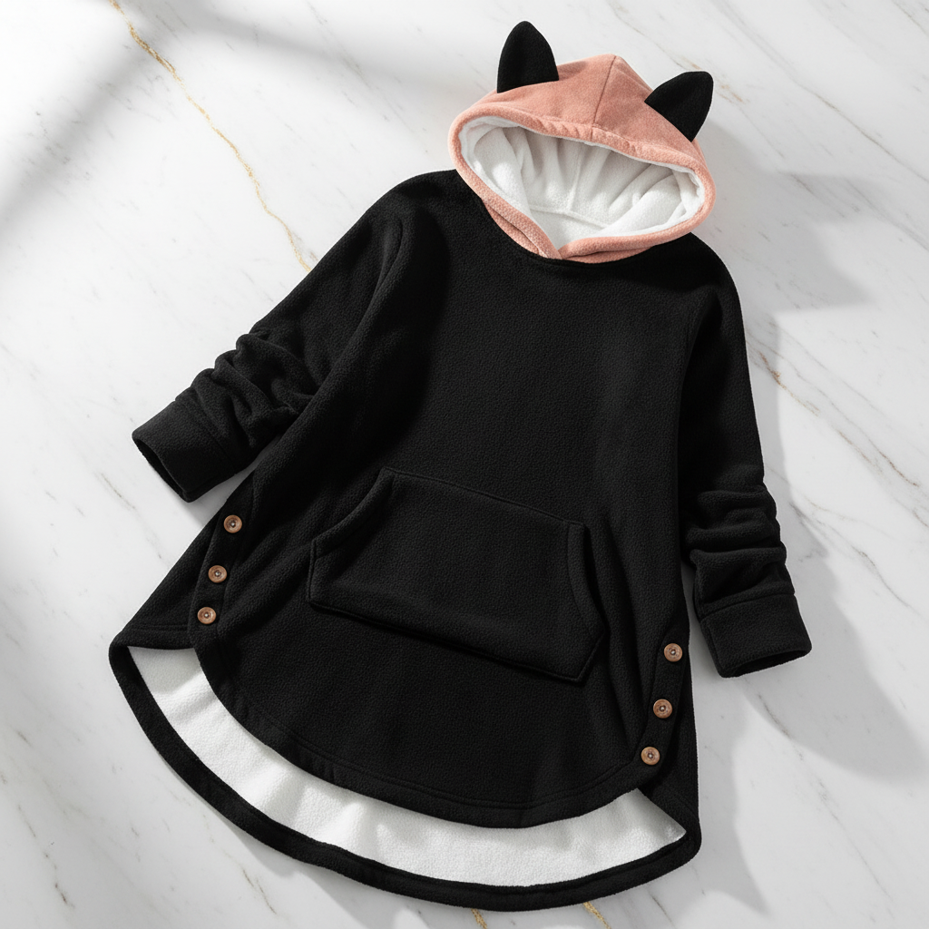 Front view of black flannel hoodie with cat ears