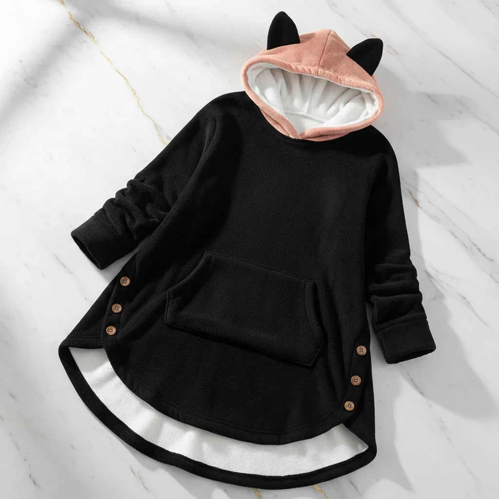 Front view of black flannel hoodie with cat ears