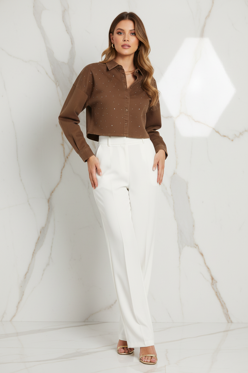 Front view of brown denim shirt with white pants on marble background