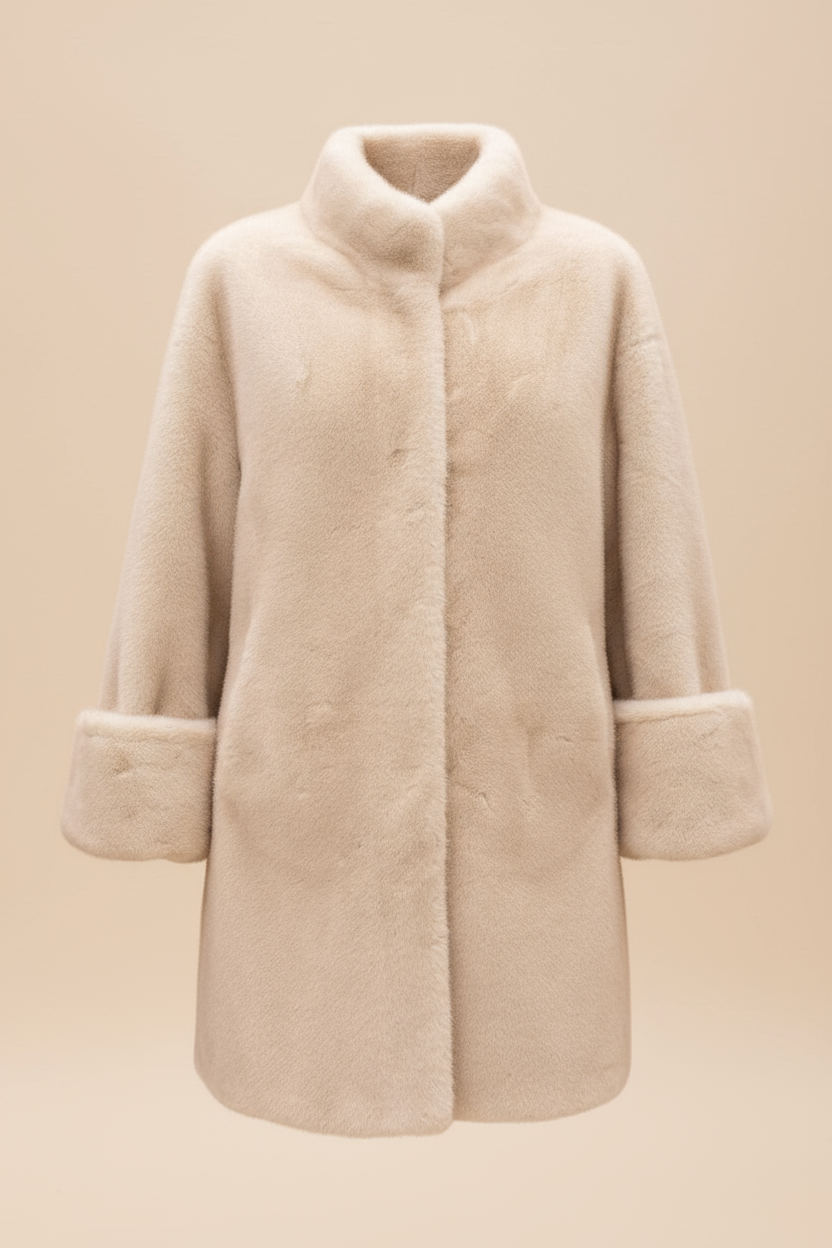 Front view of cream faux fur jacket on light background