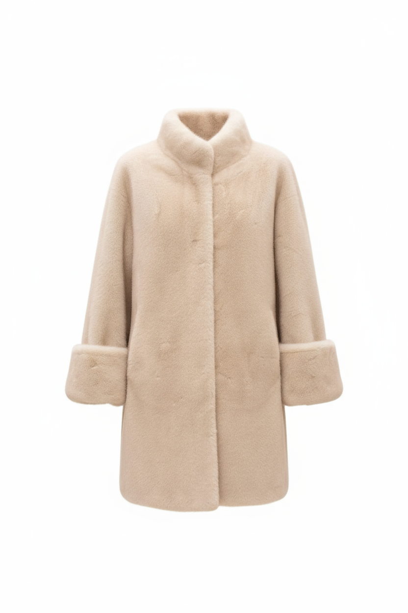 Front view of cream faux fur jacket