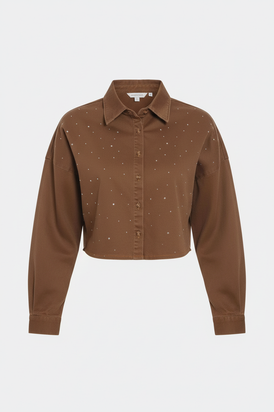 Front view of milk chocolate denim shirt