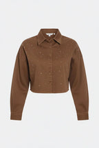 Front view of milk chocolate denim shirt