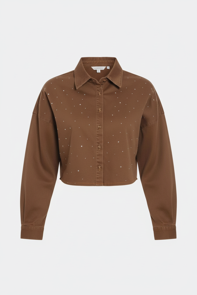 Front view of milk chocolate denim shirt