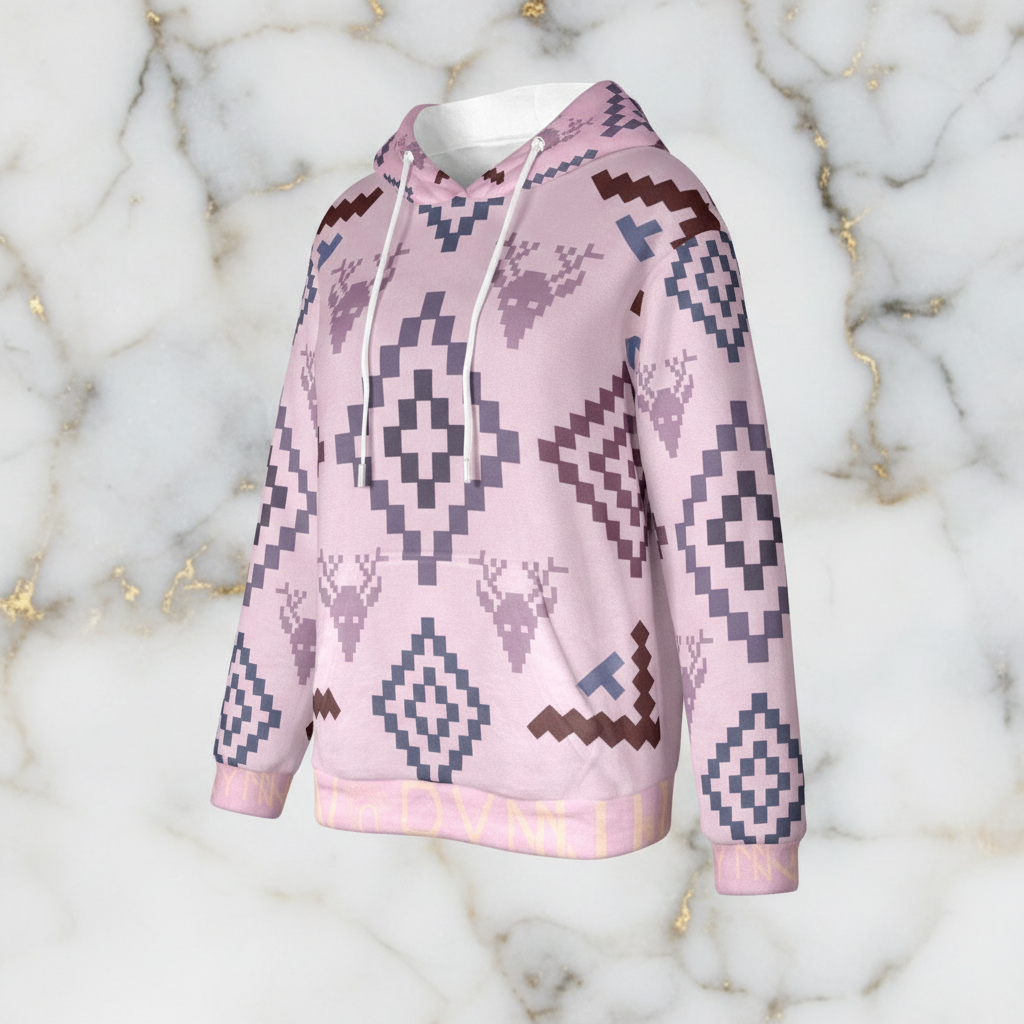 Front view of pink geometric hoodie