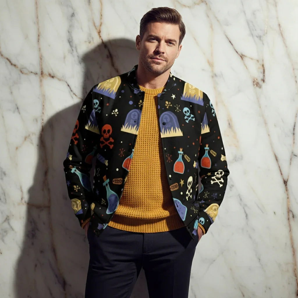 Man wearing a black bomber jacket with colorful Halloween-themed prints, stylish apparel at Ivorynn