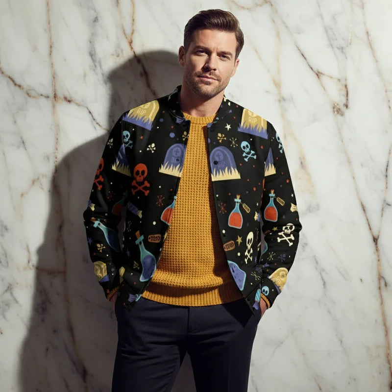 Man wearing a black bomber jacket with colorful Halloween-themed prints, stylish apparel at Ivorynn