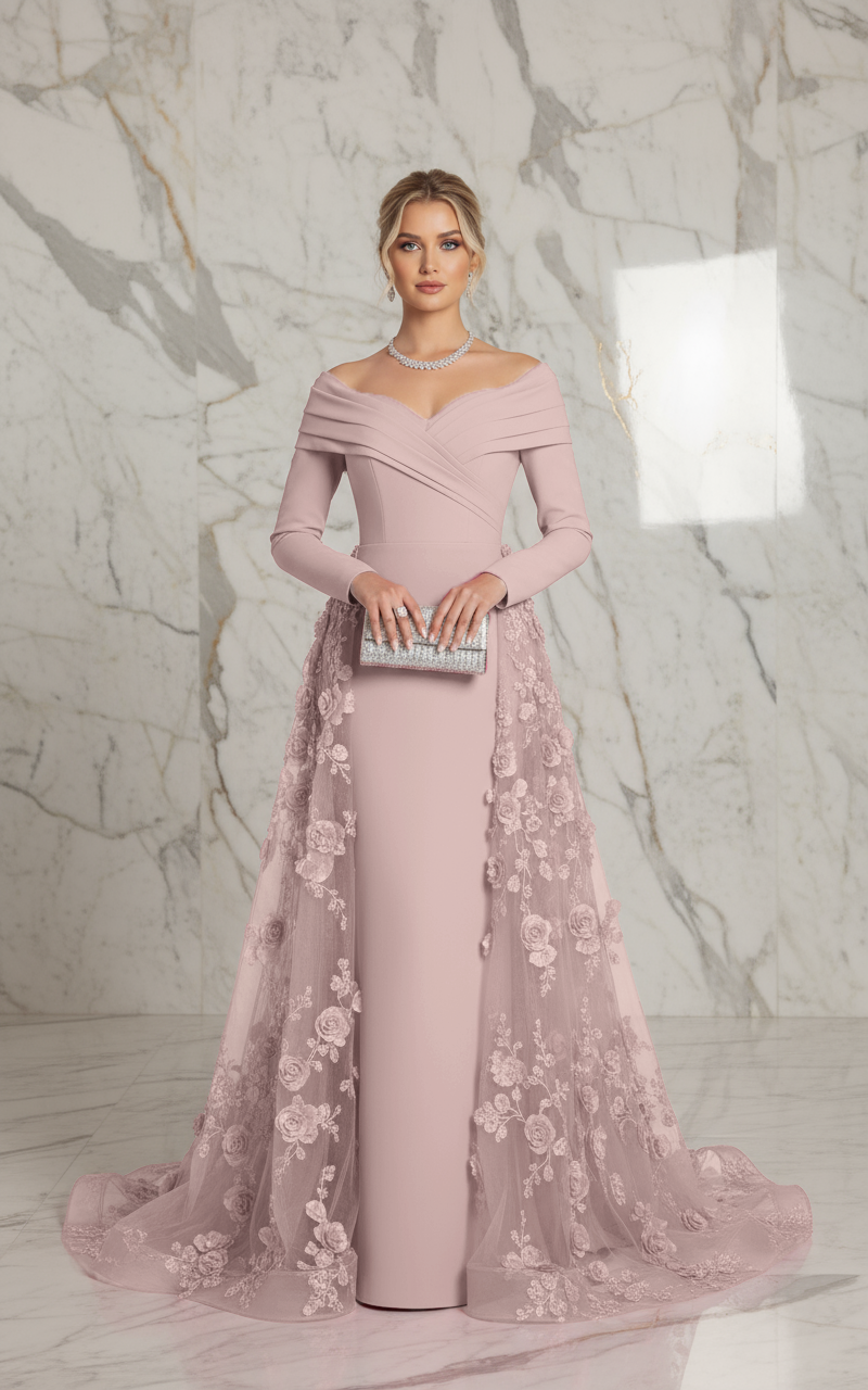 Off Shoulder Pink Elegant Evening Gown with Train