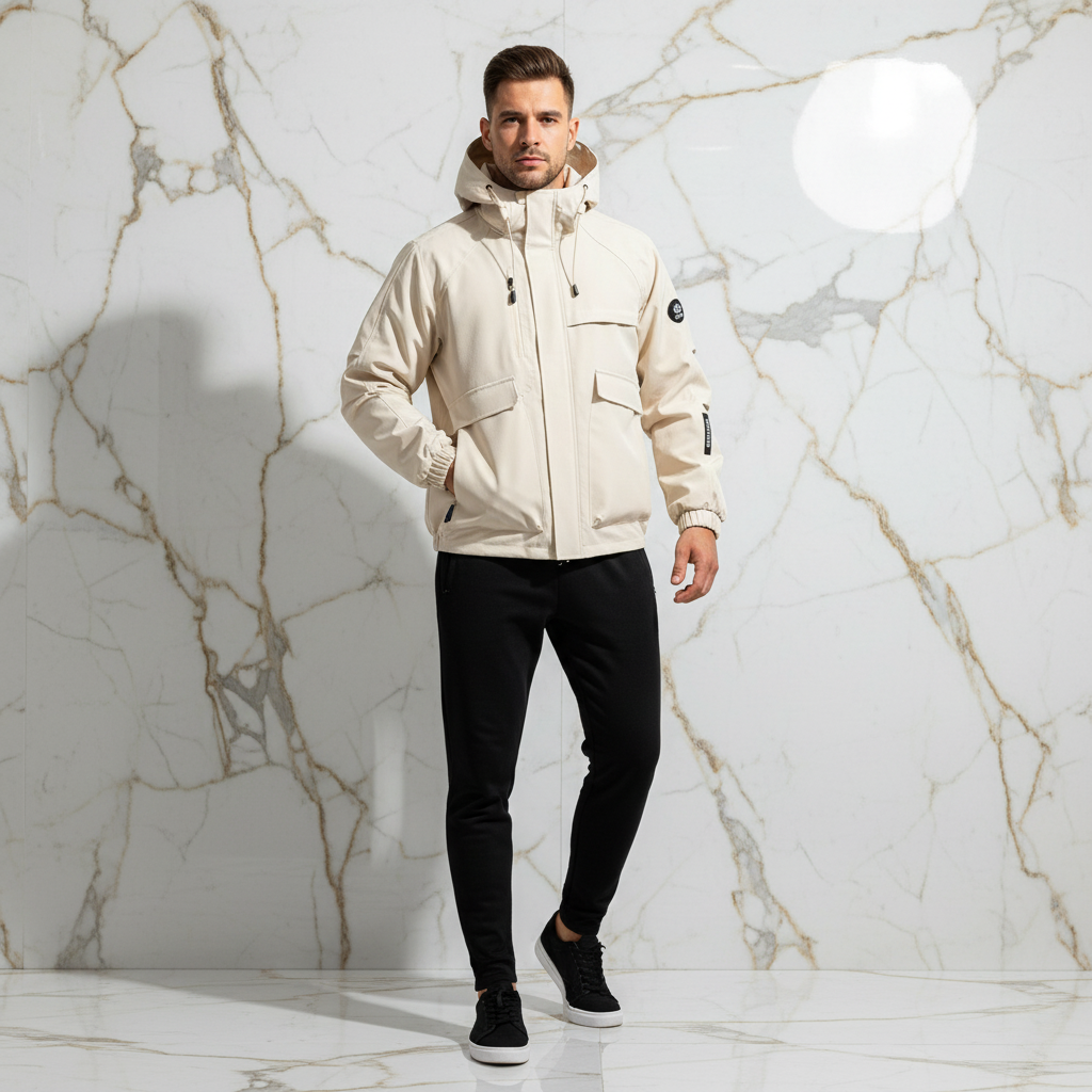 Front view - sporty man in off-white jacket