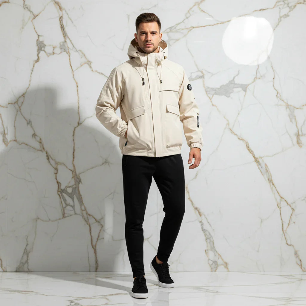Front view - sporty man in off-white jacket