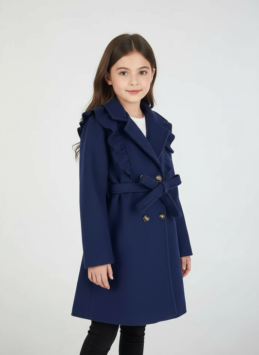 Chic Lined Navy Jacket with Ruffles and Belt