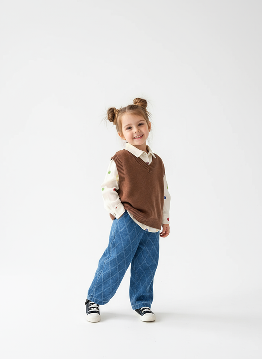 Shirt Sweater Cardigan Kids Coffee color Three-Piece Set