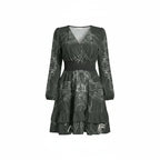 Women’s dark green printed long sleeve dress with v-neck and ruffle hem, Ivorynn fashion