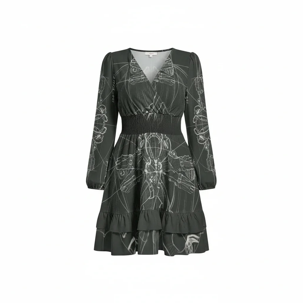 Women’s dark green printed long sleeve dress with v-neck and ruffle hem, Ivorynn fashion