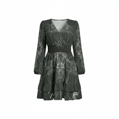 Women’s dark green printed long sleeve dress with v-neck and ruffle hem, Ivorynn fashion
