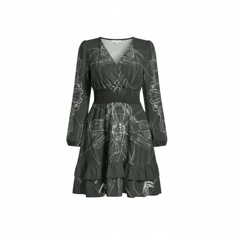 Women’s dark green printed long sleeve dress with v-neck and ruffle hem, Ivorynn fashion