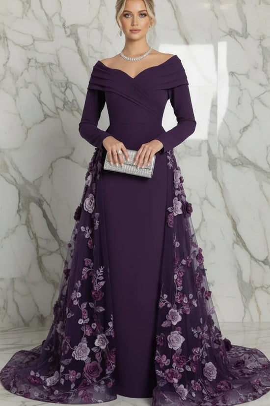 Front view with clutch - Purple gown