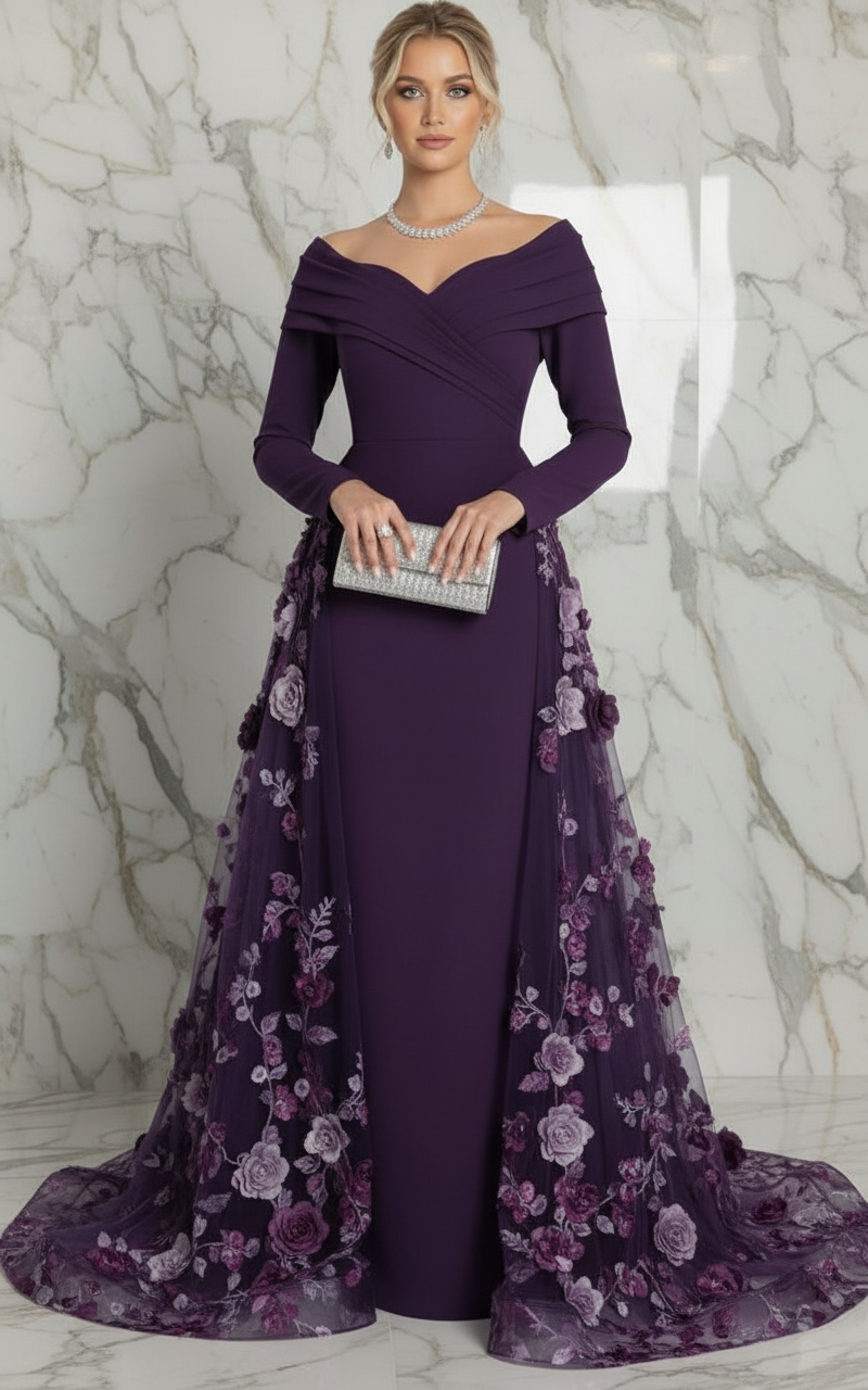 Front view with clutch - Purple gown