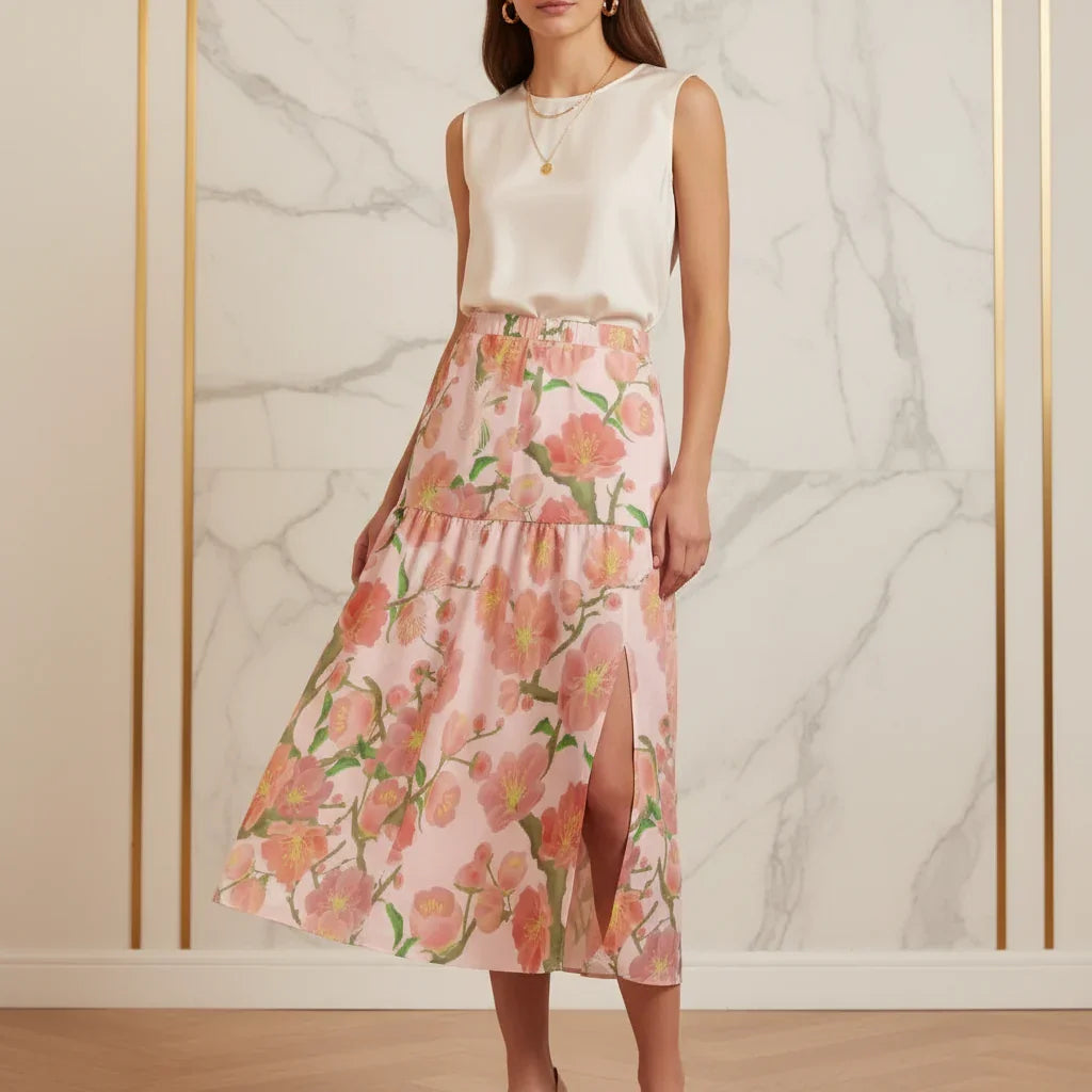 Woman in sleeveless white top and floral pink midi skirt with front slit, Ivorynn fashion