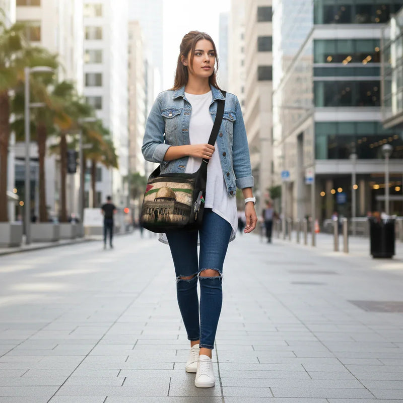 Front view - woman walking in business district