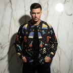 Man wearing stylish black bomber jacket with colorful skull and graveyard print from Ivorynn