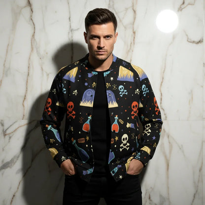 Man wearing stylish black bomber jacket with colorful skull and graveyard print from Ivorynn