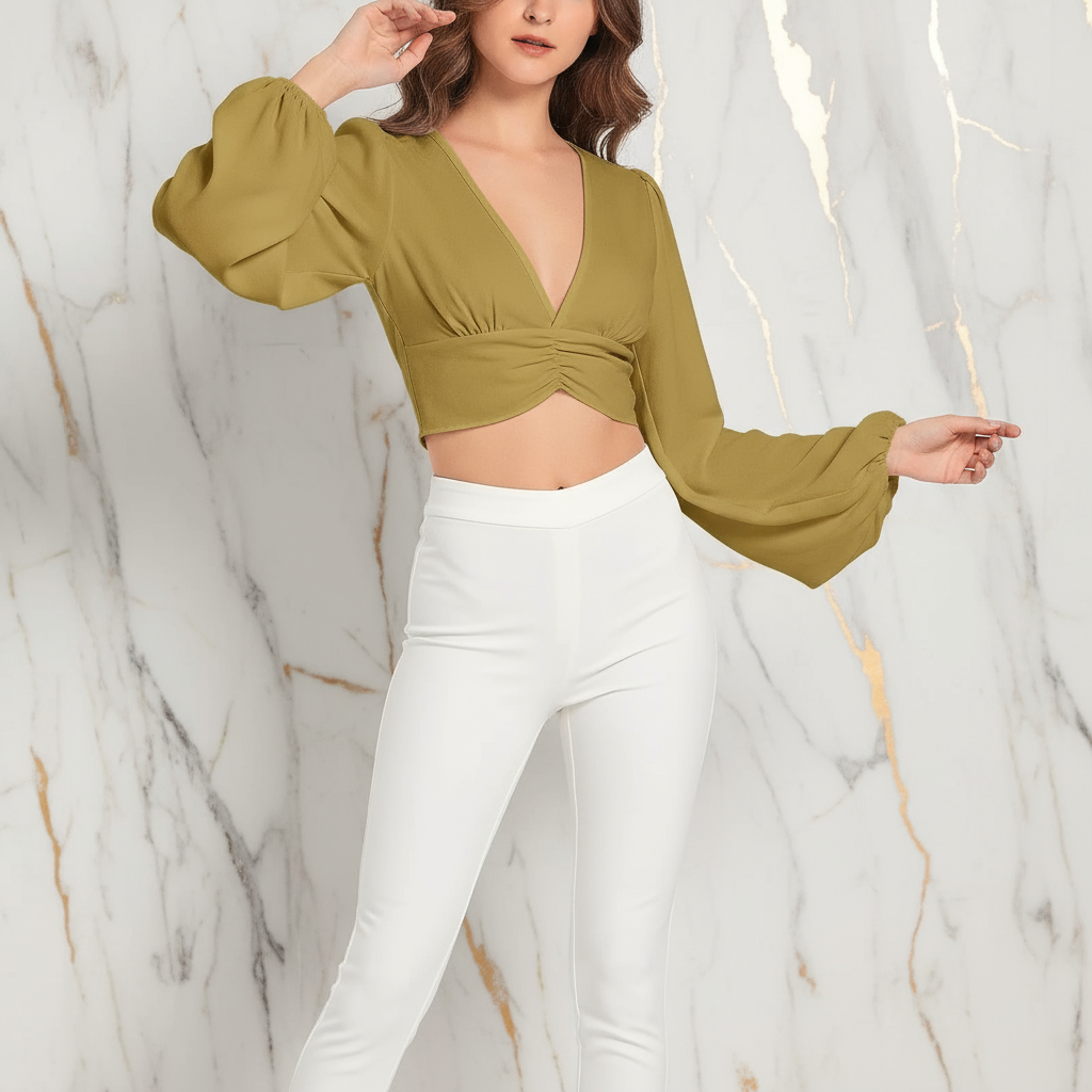 Full body elegant pose in white trousers