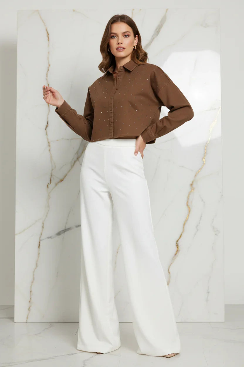 Full body front-side of brown denim shirt with white pants on marble background