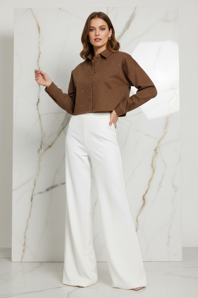 Full body front-side of brown denim shirt with white pants on marble background