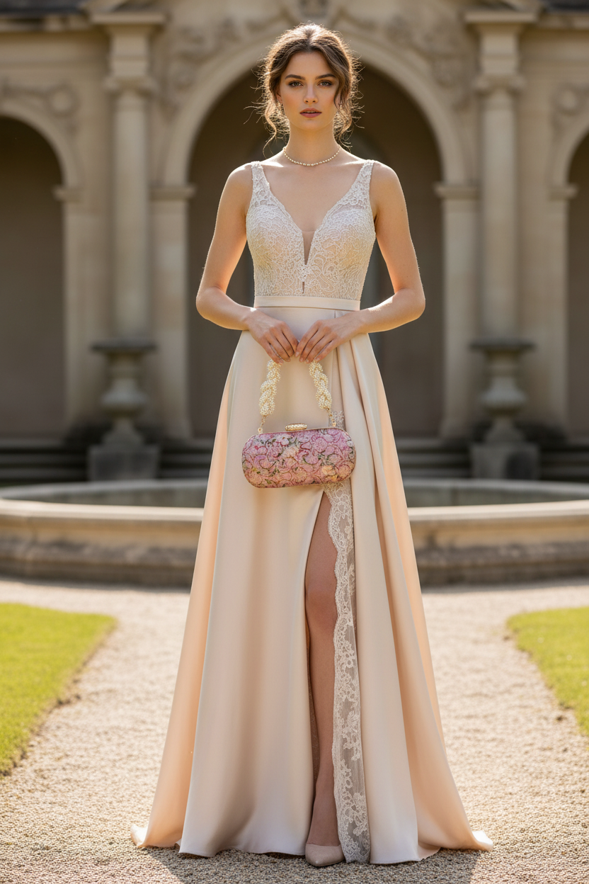Full body shot of woman with pink clutch