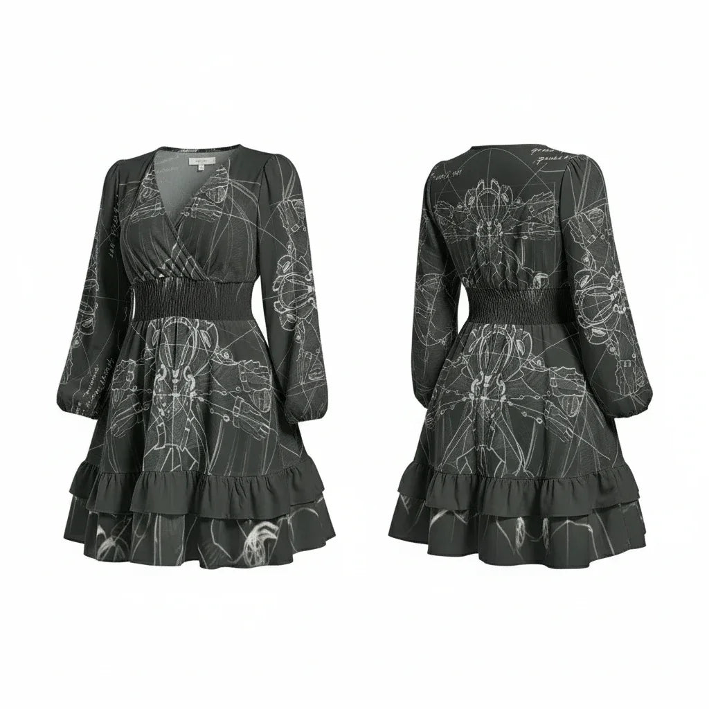 Women's black long sleeve mini dress with white abstract print and ruffled hem from Ivorynn