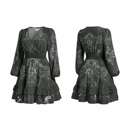 Women's black long sleeve mini dress with white abstract print and ruffled hem from Ivorynn