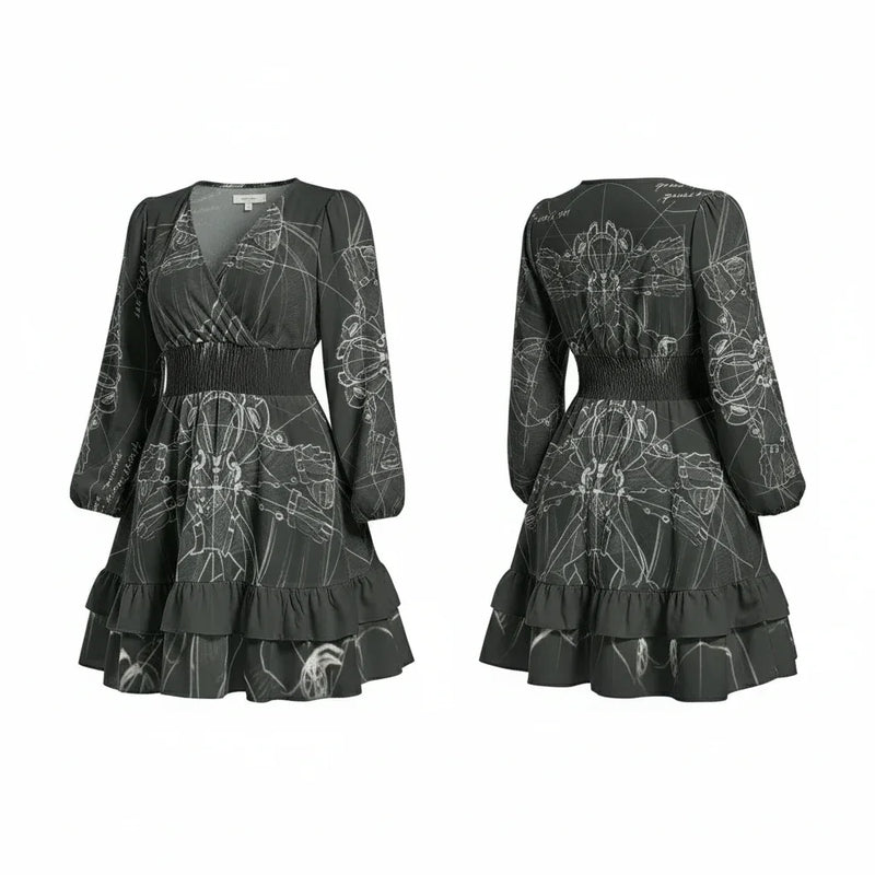 Women's black long sleeve mini dress with white abstract print and ruffled hem from Ivorynn
