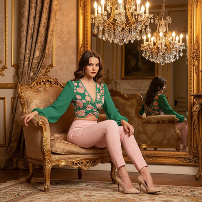 Full view with legs crossed, mirror in background