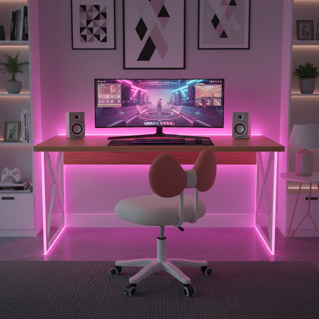 Gaming Office with Pink-Magenta Lighting