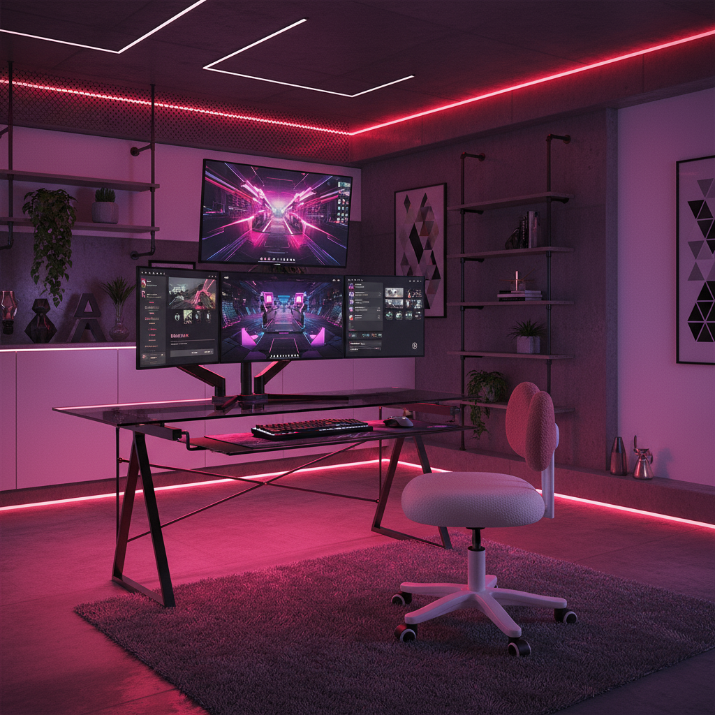 Gaming Office with Red-Purple Lighting