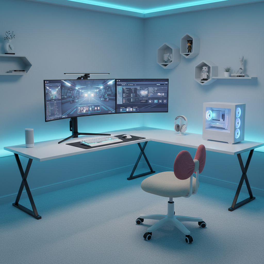 Gaming Office with Turquoise-Blue Lighting