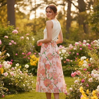Woman in ivory top and floral skirt standing in blooming garden, Ivorynn stylish fashion