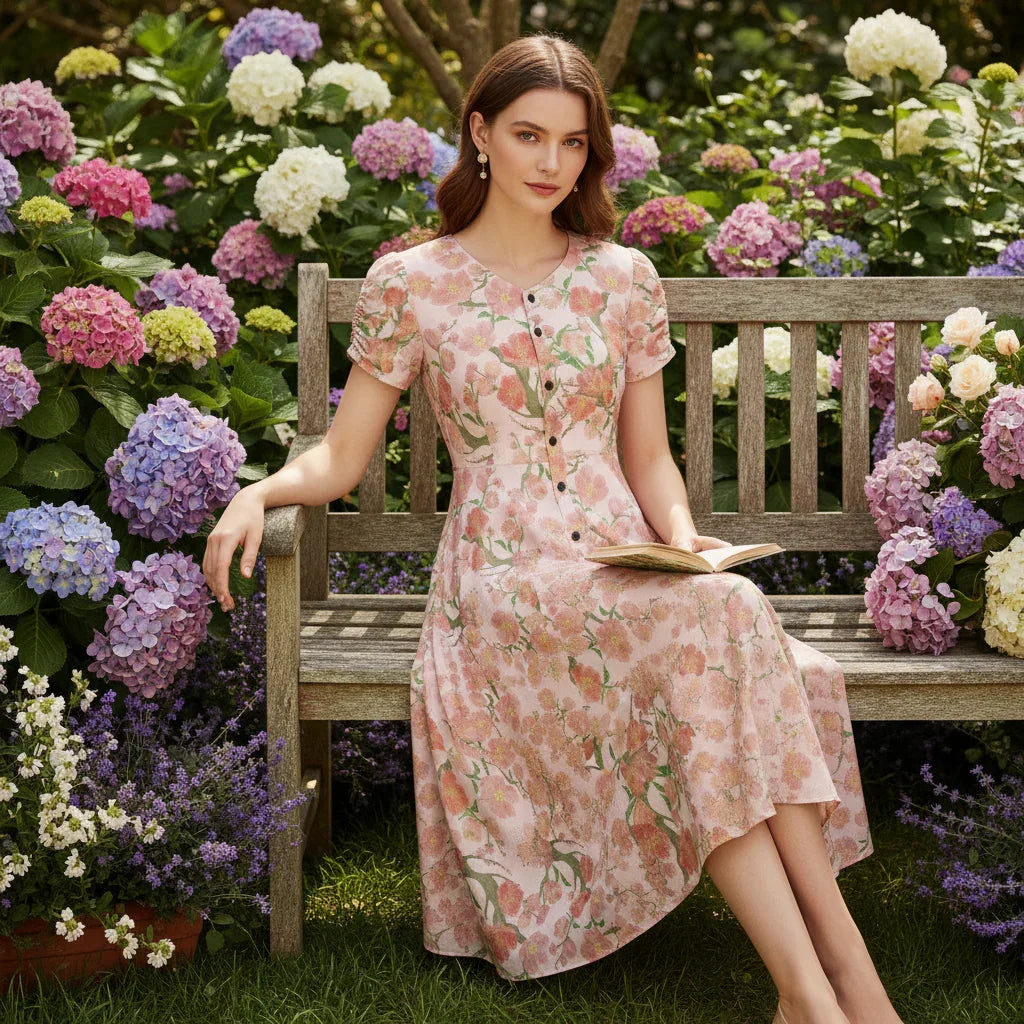 Woman in floral dress seated on wooden garden bench, surrounded by blooming hydrangeas at Ivorynn