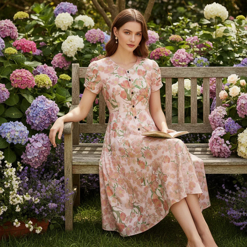 Woman in floral dress seated on wooden garden bench, surrounded by blooming hydrangeas at Ivorynn