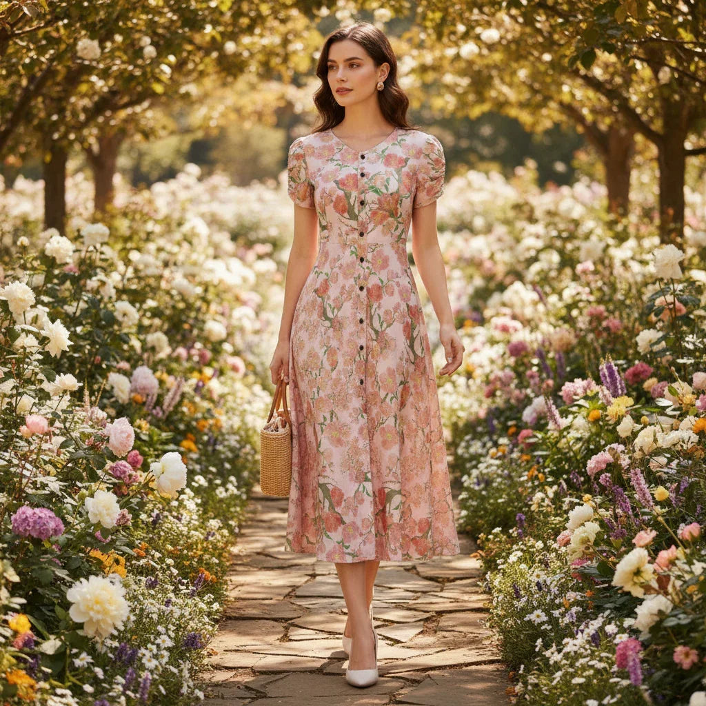Woman in floral dress walking on a garden path, stylish apparel at Ivorynn