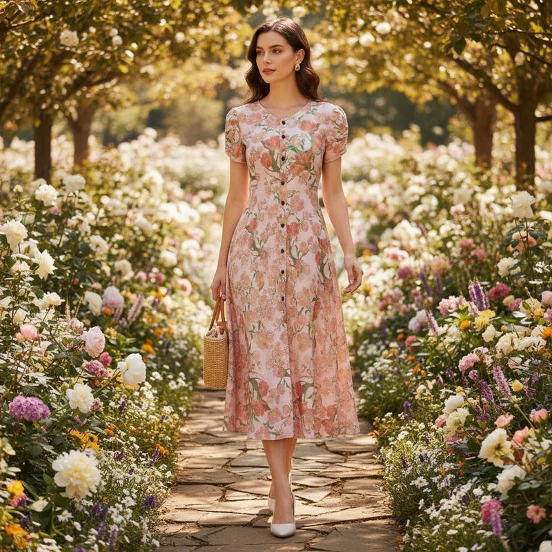 Woman in floral dress walking on a garden path, stylish apparel at Ivorynn