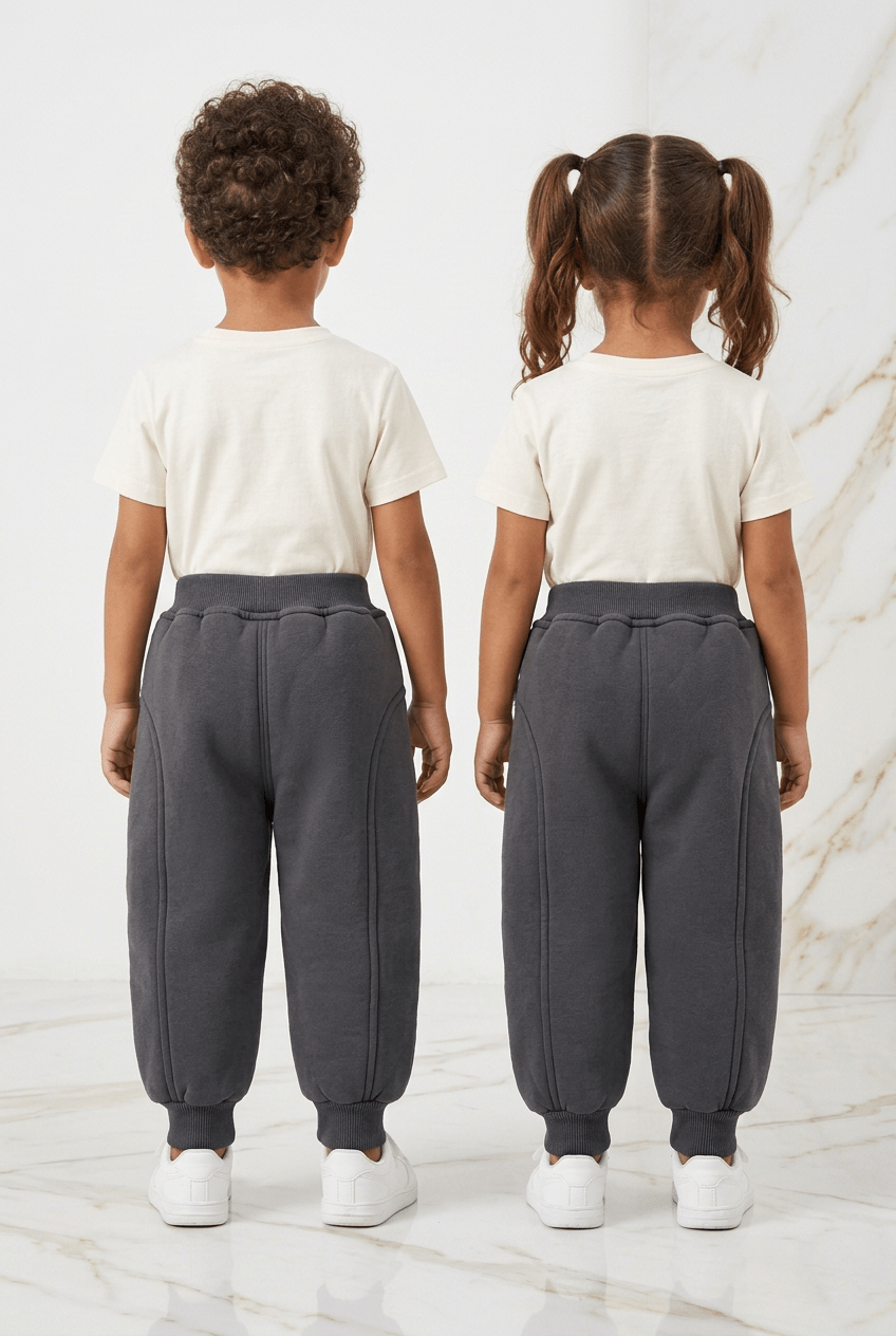 裏地付きパンツを着用した男の子と女の子、後方から