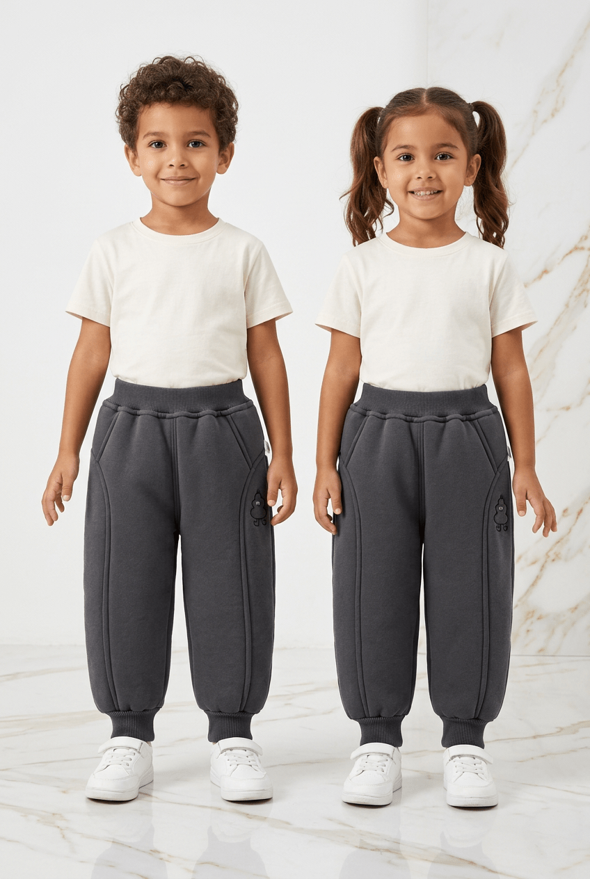 厚手パンツを着用した男の子と女の子、正面