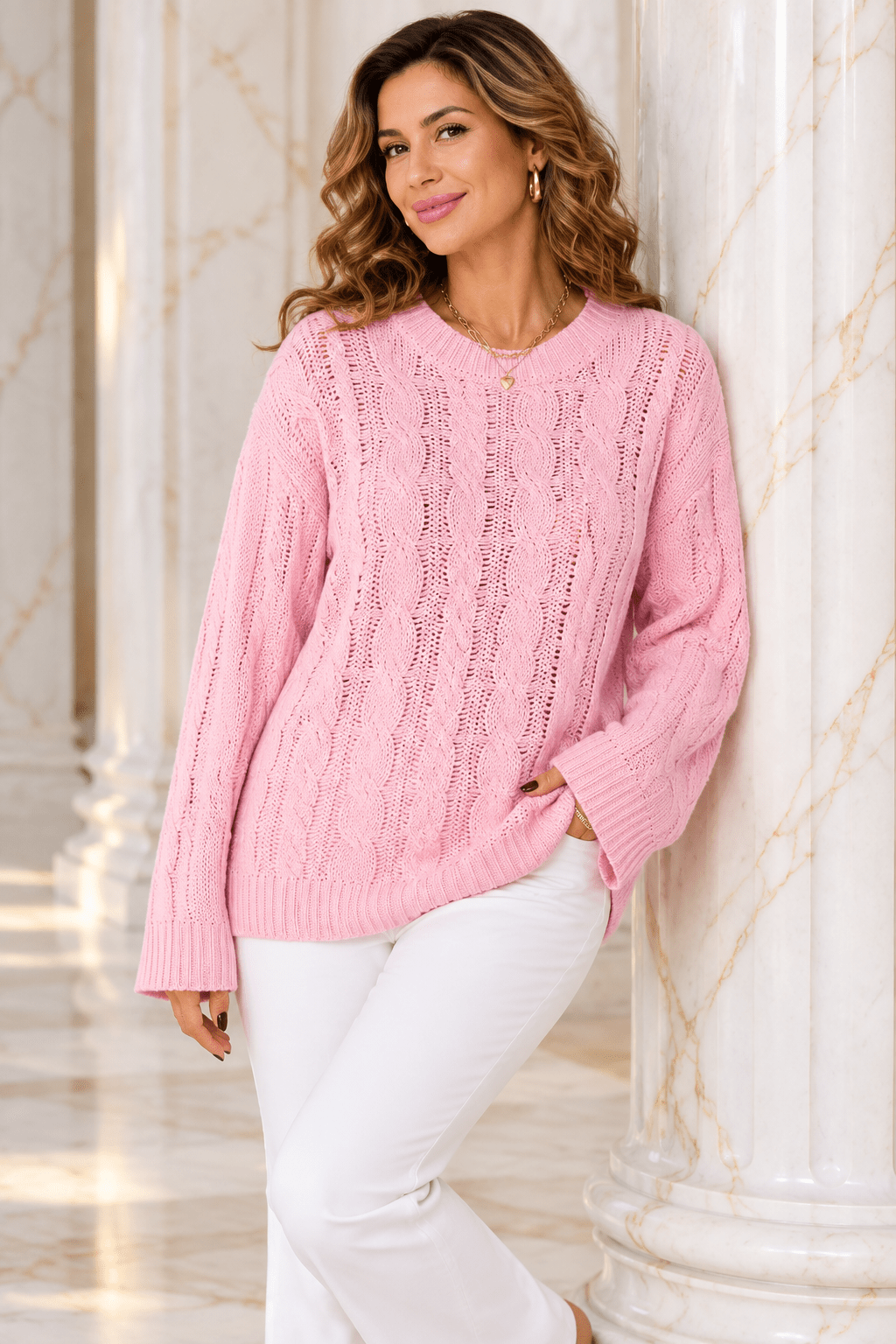 Cable Knit Long Sleeve Pink Sweater