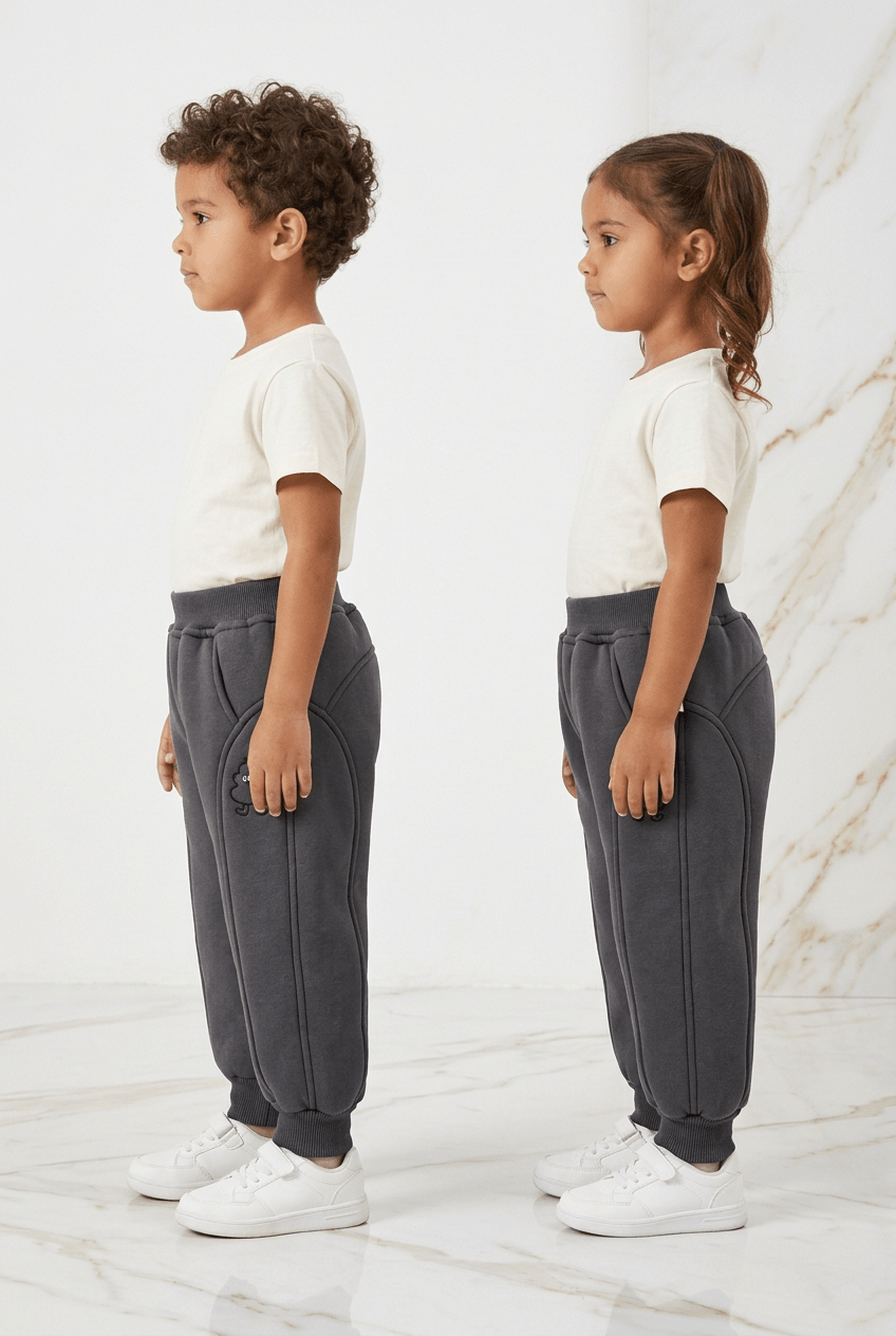 裏地付きパンツを着用した男の子と女の子、左側から