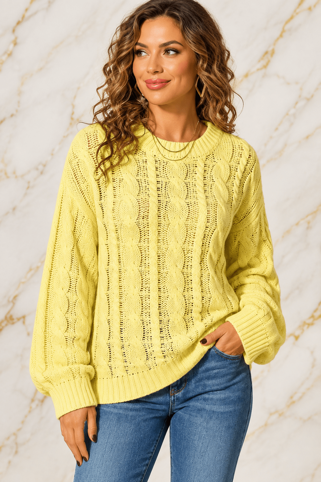 Cable Knit Long Sleeve Yellow Sweater