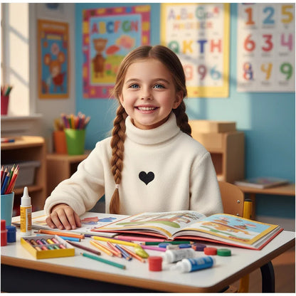 Girl at desk with crayons and supplies